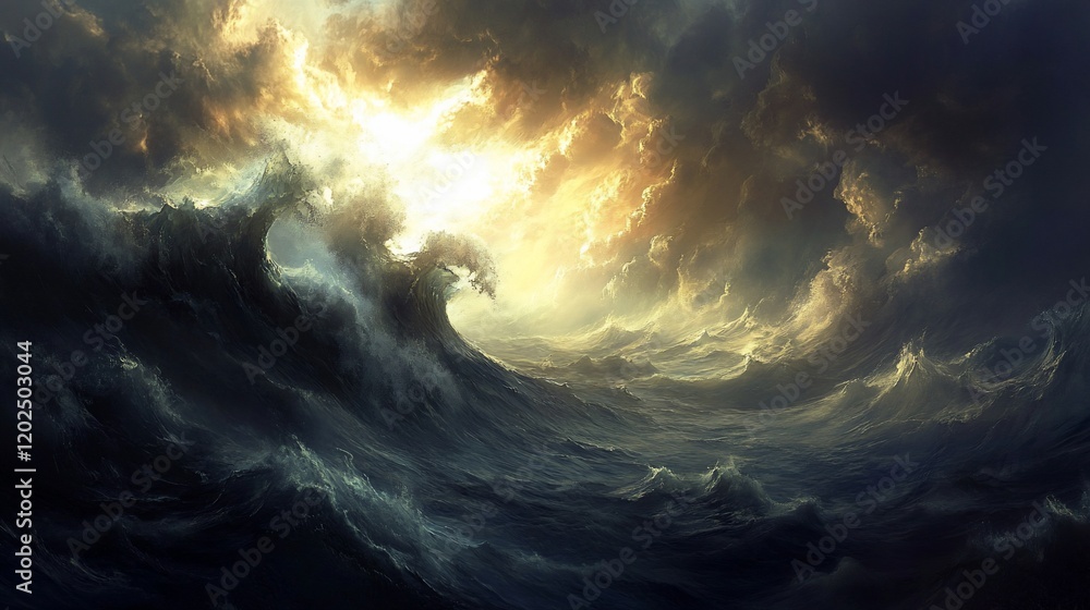 Obraz premium Dramatic ocean waves under a stormy sky with sunlight breaking through dark clouds 53 characters