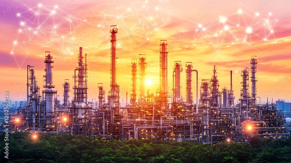 Fototapeta premium Sunset Industrial Refinery Complex Network