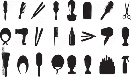 Hair Tools and Accessories Silhouette Icons Set