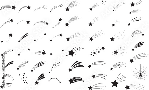 Shooting Star Silhouettes Collection, Black Vector Celestial Designs for Fantasy and Space Themes