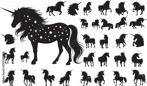 Unicorn Horses Black Vector Silhouette Set, Magical Horse Silhouettes for Fantasy and Design Themes