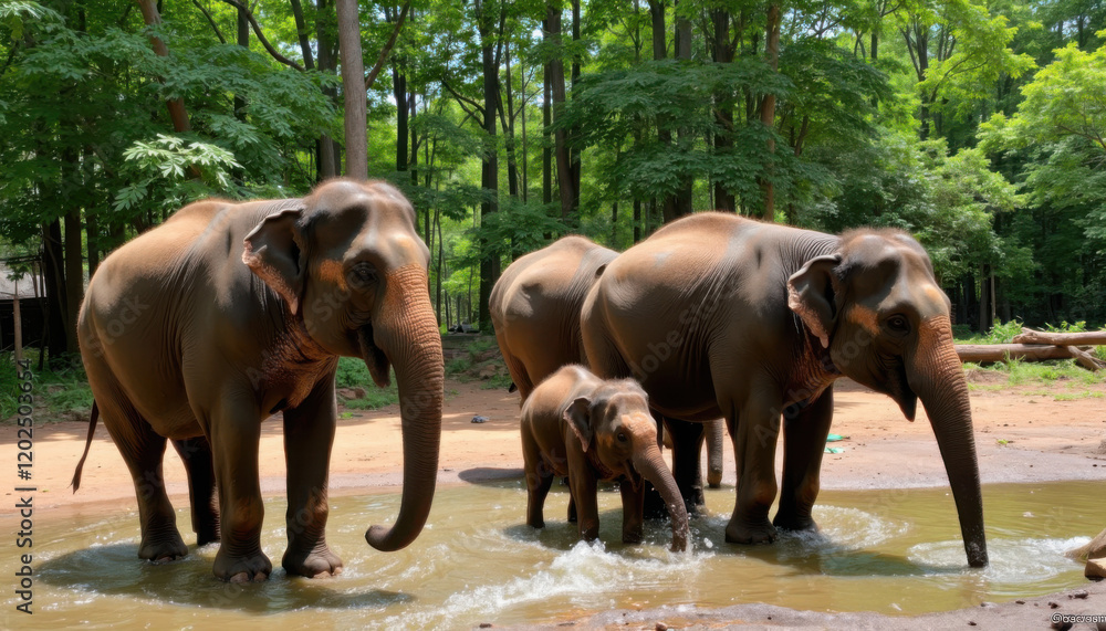 Fototapeta premium Peaceful Asian Elephant Family in Natural Forest Pool Setting