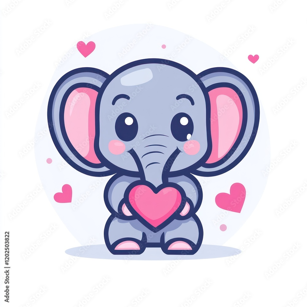 Fototapeta premium Cute cartoon elephant holding heart, Valentine's Day