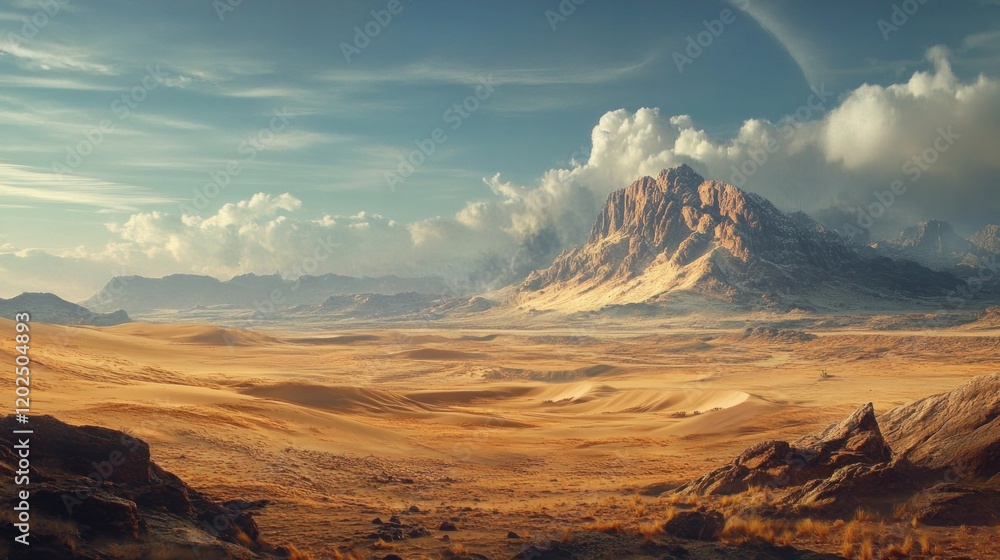 Fototapeta premium Golden Desert Landscape with Majestic Mountains and Cloudy Sky in Distant Hazy Light