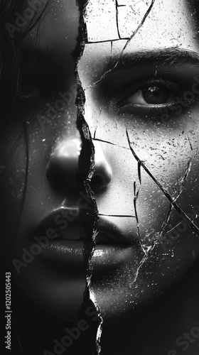 An artistic representation of a visage with cracks, suggesting themes of mystery and allure, in a monochrome style bringing intensity and intrigue to the viewer. photo