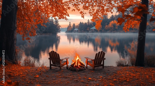 Two wooden chairs face a warm campfire by a tranquil lake, surrounded by vibrant autumn leaves under a colorful, serene sunset sky reflecting on the water.