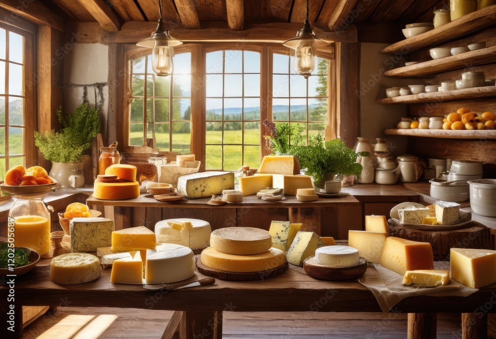 Fototapeta premium colorful array dairy products displayed rustic wooden table perfect culinary folklore session natural illumination, butter, cheese, cream, fresh, yogurt