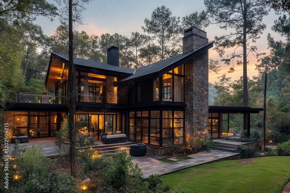 Fototapeta premium Cozy House Nestled Among Tall Trees in a Serene Garden at Sunset. Generative AI
