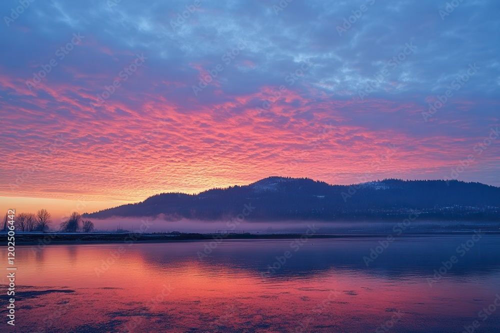 Serene Sunrise Casting Pastel Hues Over Mountain Range and Still Waters. Generative AI Serene Sunrise Casting Pastel Hues Over Mountain Range and Still Waters. Generative AI