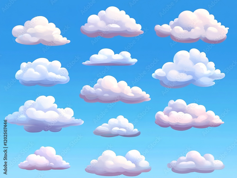 Cartoon Clouds Collection: Fluffy White Clouds in Blue Sky Cartoon Clouds Collection: Fluffy White Clouds in Blue Sky