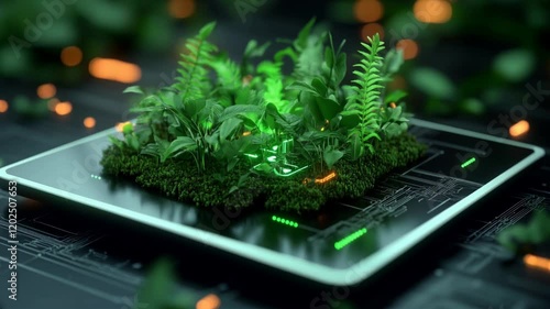 Ai Generated video presenting Sustainable futuristic micro-world featuring greenery on a high-tech platform, blending nature and technology