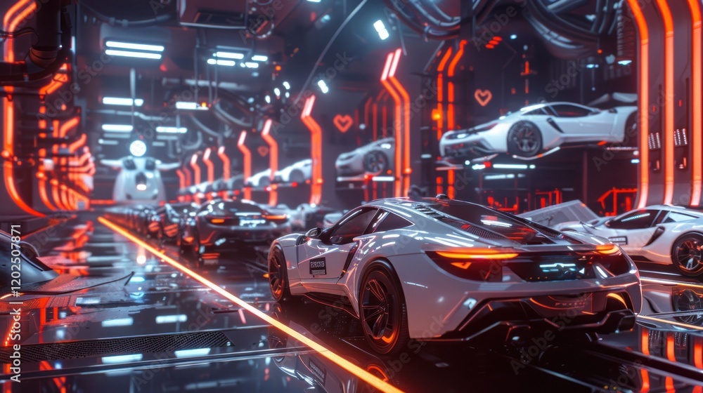 Futuristic automated vehicle production facility with automated robotic arms transporting finished cars along a conveyor belt system in a modern, high-tech, neon-lit, industrial environment.