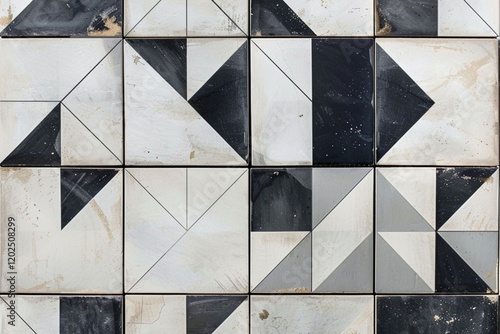 Abstract monochrome geometric patterns arranged in sharp symmetry.