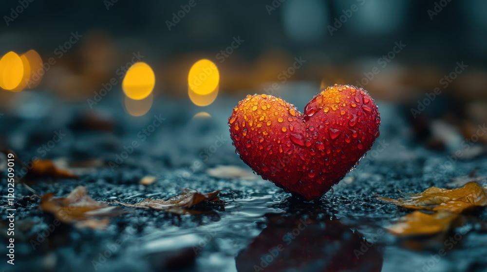 Fototapeta premium Rainy autumn park, heart, reflection, lights, romance