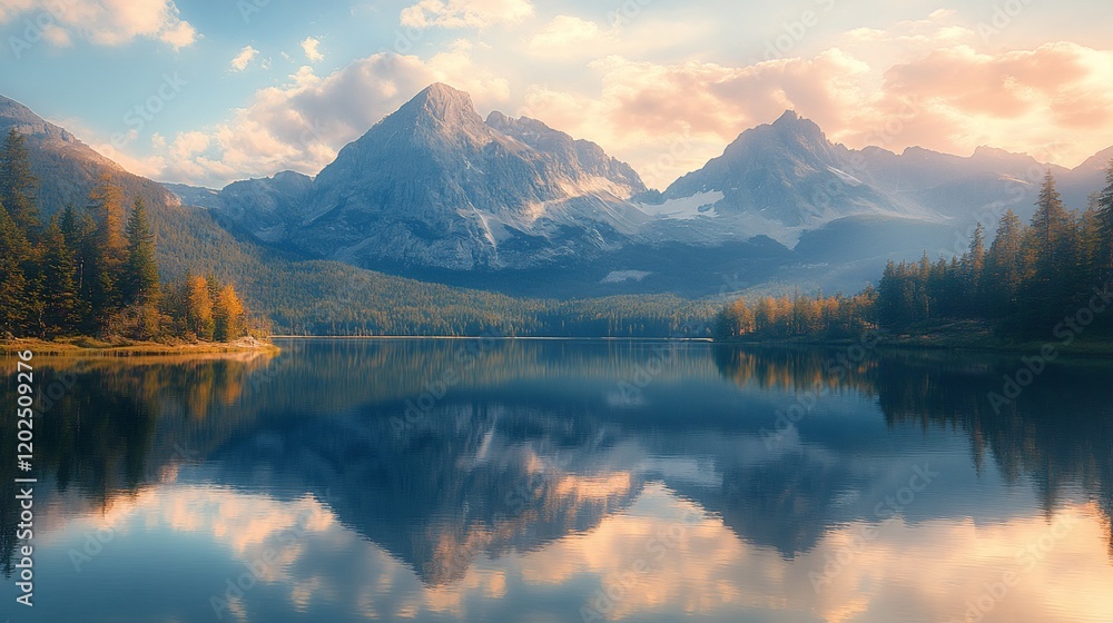 Autumnal mountain lake reflection, sunrise Autumnal mountain lake reflection, sunrise
