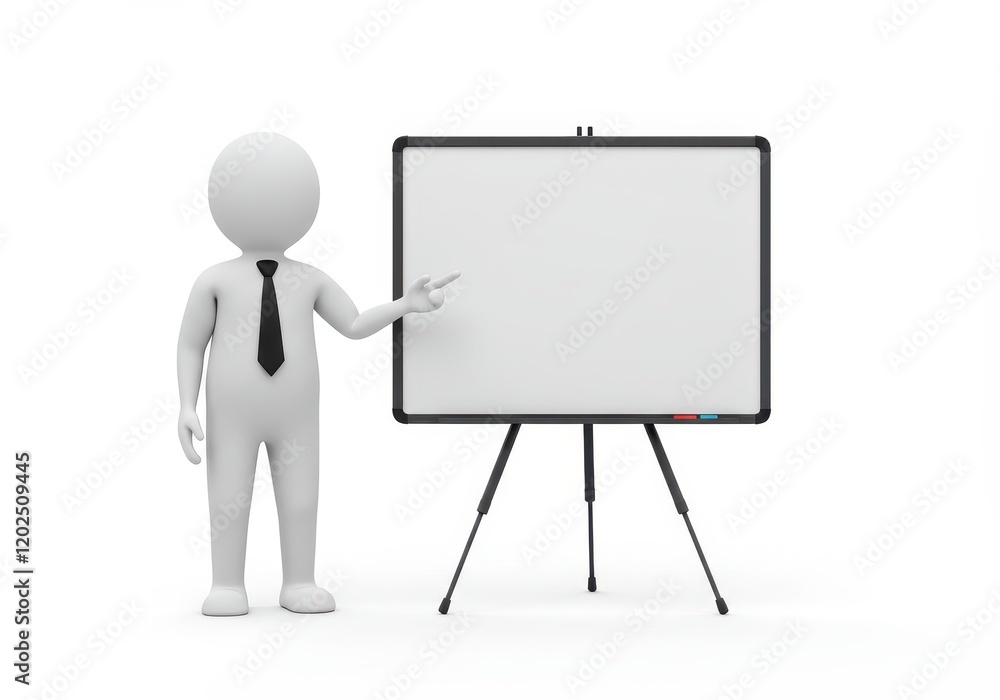 A 3D illustration of a minimalist human figure wearing a black tie, standing beside a blank whiteboard on a tripod A 3D illustration of a minimalist human figure wearing a black tie, standing beside a blank whiteboard on a tripod