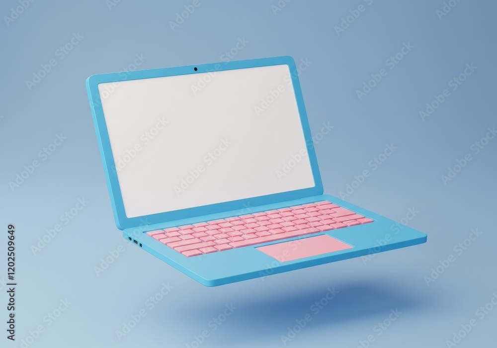 A 3D illustration of a modern, vibrant blue laptop with a pink keyboard and touchpad floating against a soft gradient blue background A 3D illustration of a modern, vibrant blue laptop with a pink keyboard and touchpad floating against a soft gradient blue background