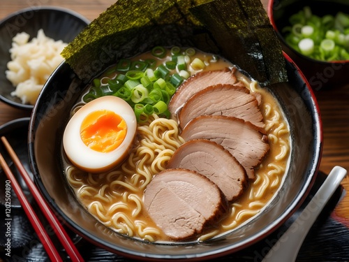 Delicious Bowl of Japanese Ramen with Pork and Egg photo