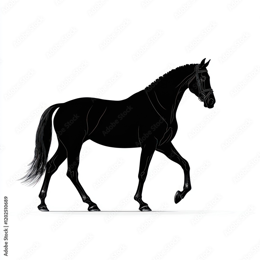 Black horse walks on white background for equestrian themed design use Black horse walks on white background for equestrian themed design use