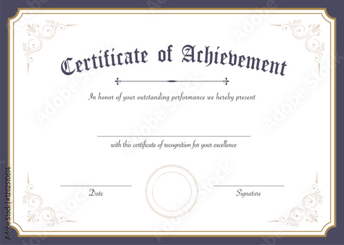 Retro certificate of achievement paper template with blue gold border