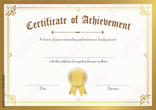 Retro certificate of achievement paper template with gradient gold border