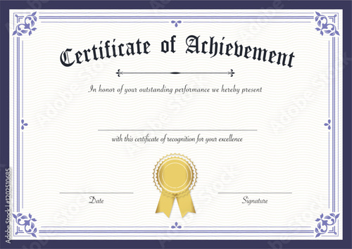 Retro certificate of achievement paper template with gradient gold border