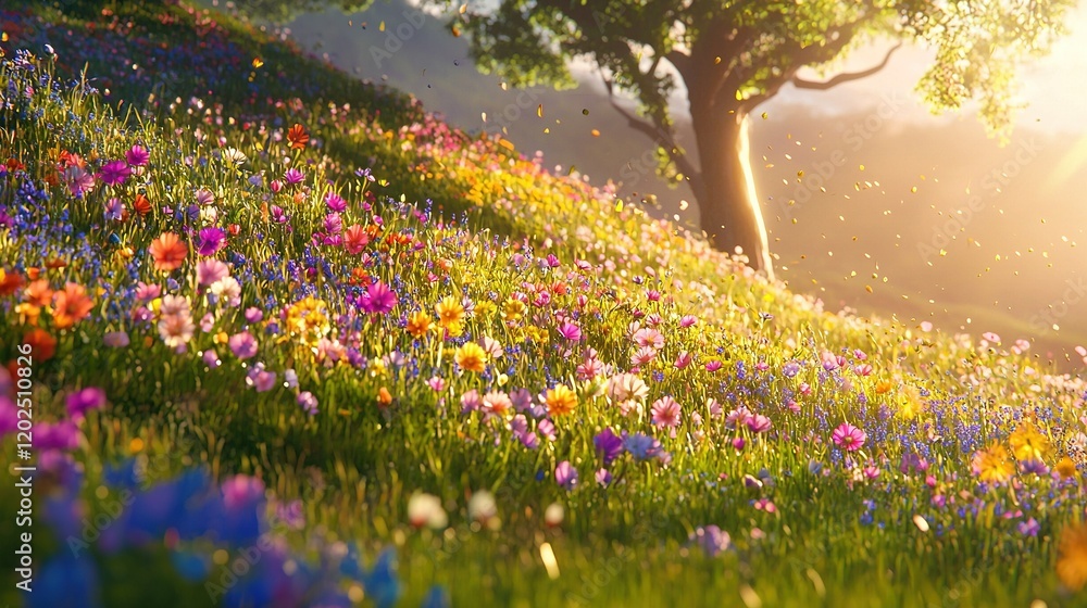 Fototapeta premium A picturesque field of wildflowers, dwarfed by the majestic tree on the nearby hill, is bathed in warm sunlight filtering through the leaves behind it