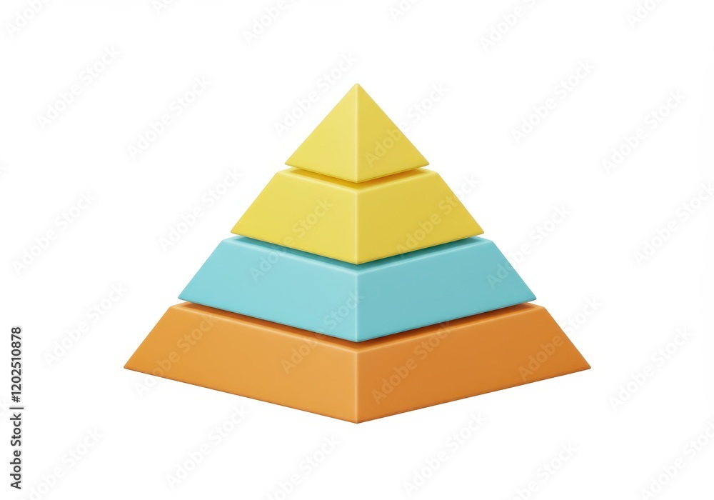 A 3D illustration of a three layered pyramid structure with each layer in a different color A 3D illustration of a three layered pyramid structure with each layer in a different color