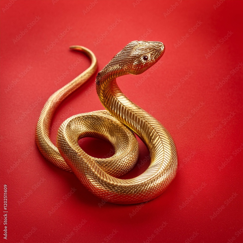 Fototapeta premium Golden snake on red background, Chinese New Year, year of the snake