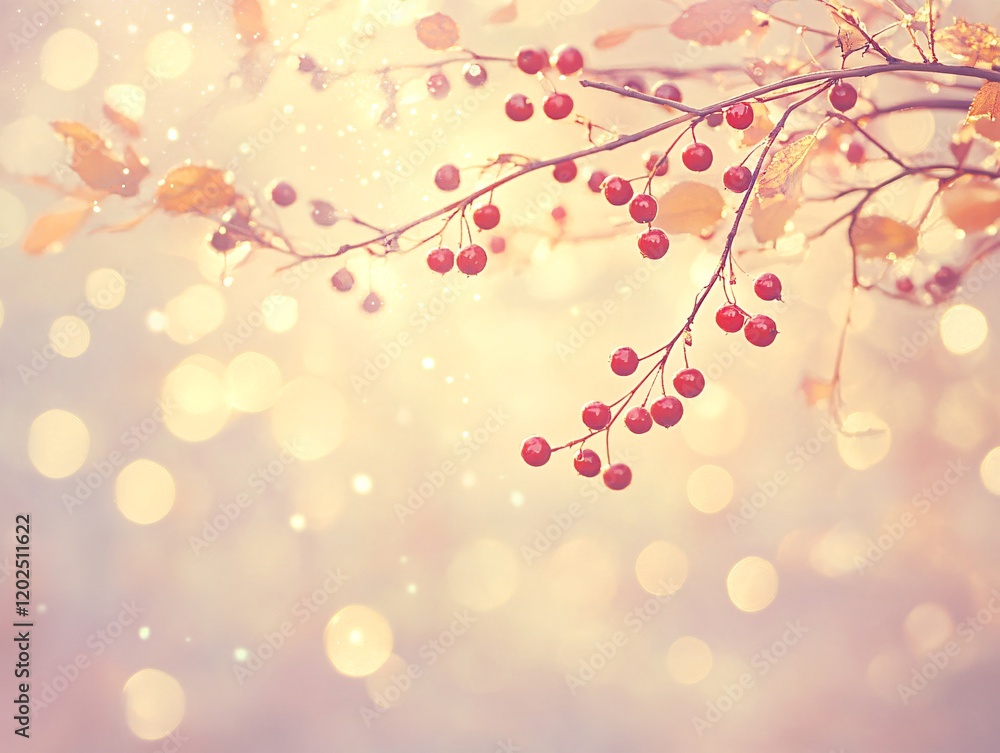 Fototapeta premium Winter Wonderland: Red Berries Branch with Bokeh Lights