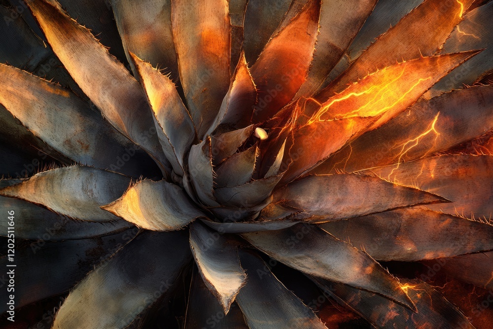 Agave plant close-up, showcasing intricate textures and warm sunset hues, resembling fiery energy. Agave plant close-up, showcasing intricate textures and warm sunset hues, resembling fiery energy.