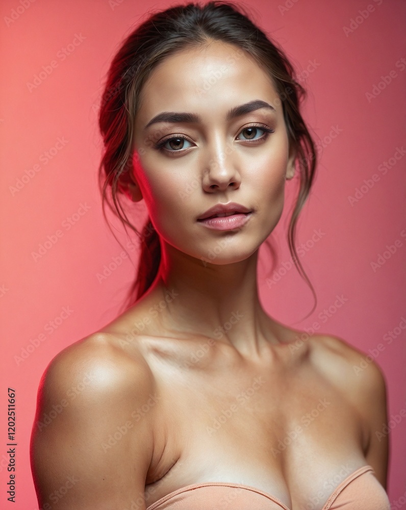 Naklejka premium Professional beauty photography image featuring a young Latina model with highlighted hair, extreme makeup and hairstyle, in a Victoria Secret set.