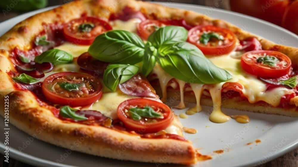 yummy pizza with basil and tomatoes on a white plate zoom in shot yummy pizza with basil and tomatoes on a white plate zoom in shot