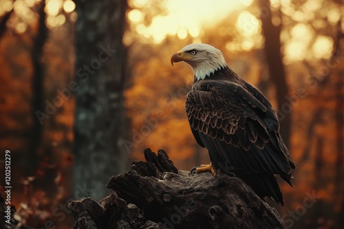 Majestic bald eagle perched on a weathered log in a golden autumn forest at sunset. photo