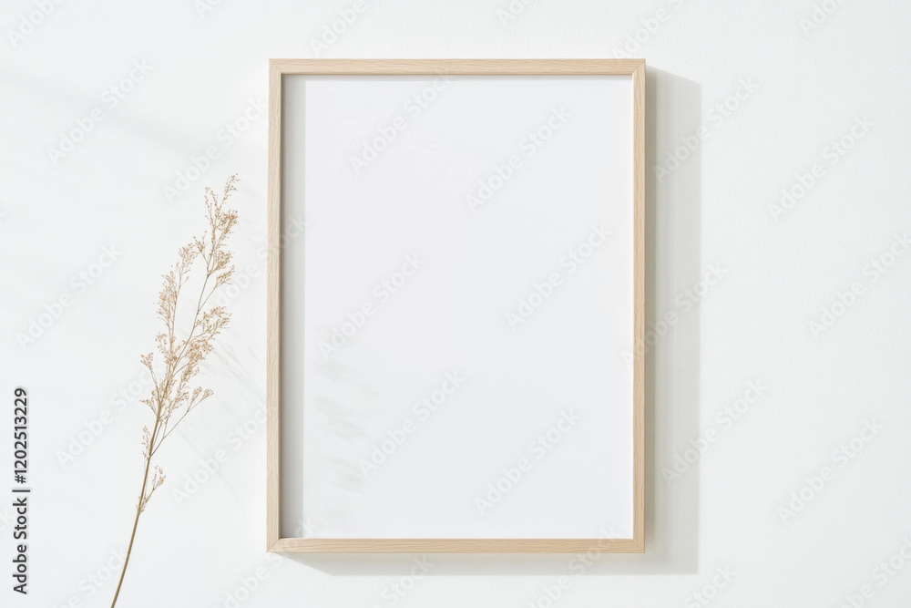 Obraz premium A simple frame mockup on a white background, with a thin, light-colored wooden frame and a blank canvas inside the picture frame.