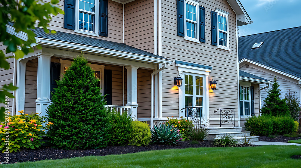 Captivating House Exterior at Dusk: Landscaping, Architecture, and Design Details