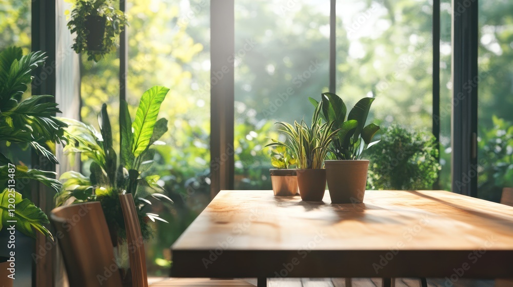 Sunlit Table with Greenery: A wooden table sits bathed in natural light, adorned with potted plants and a backdrop of lush greenery visible through a large window. Sunlit Table with Greenery: A wooden table sits bathed in natural light, adorned with potted plants and a backdrop of lush greenery visible through a large window.