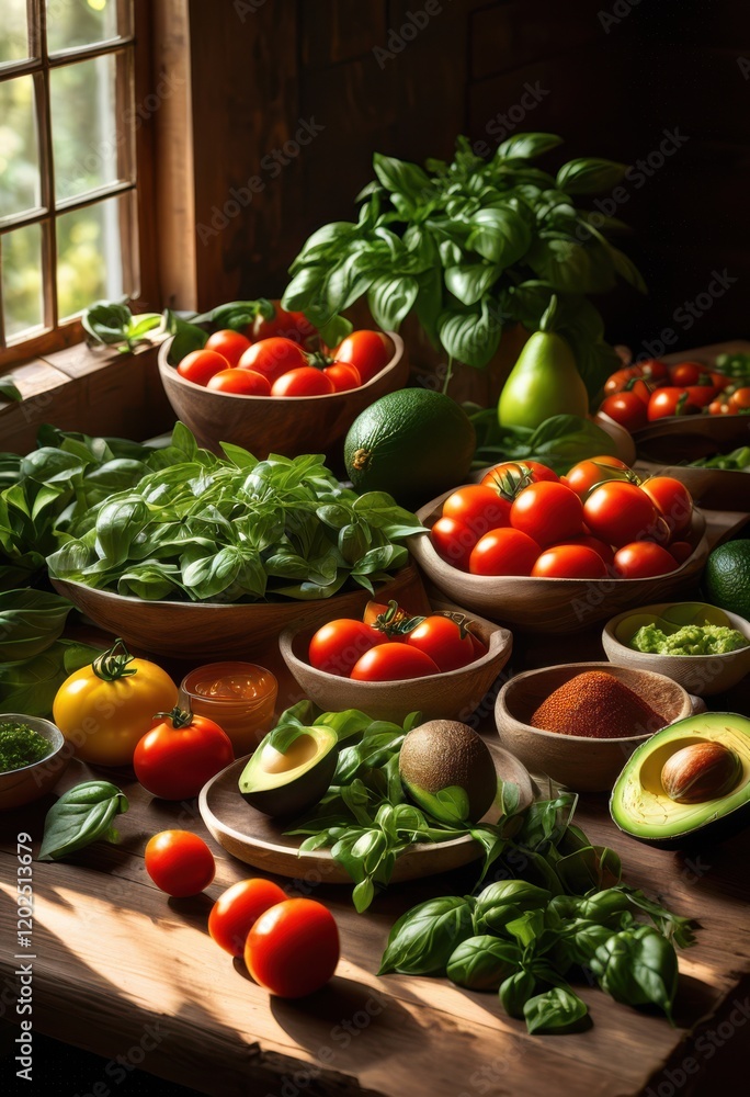 bright vibrant ingredients spread across rustic wooden table showcasing natural color palette freshness, art, arrangement, assortment, attractive, bowl bright vibrant ingredients spread across rustic wooden table showcasing natural color palette freshness, art, arrangement, assortment, attractive, bowl