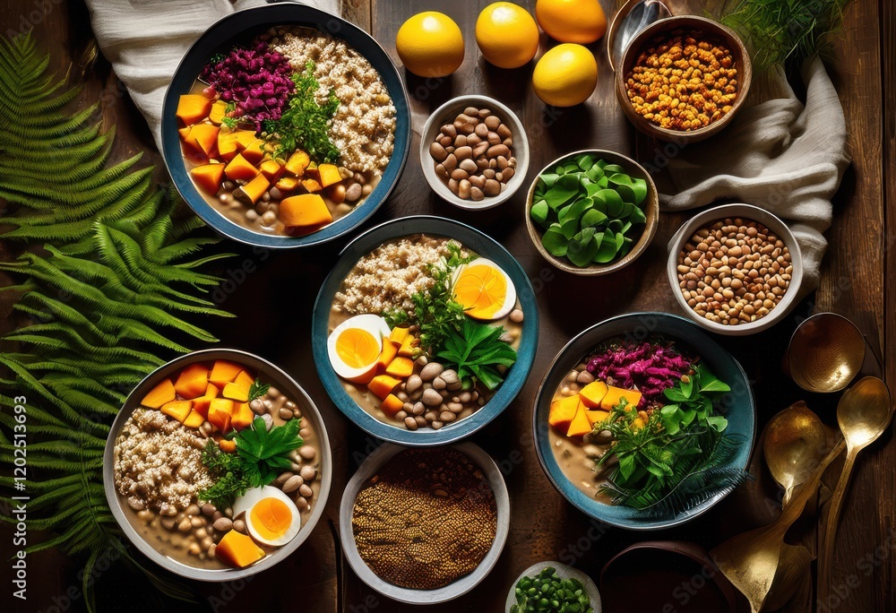 colorful bowls fresh pet meals displayed rustic wooden tabletop natural elements, food, texture, freshness, dish, gourmet, grain, protein, greens, vegetable colorful bowls fresh pet meals displayed rustic wooden tabletop natural elements, food, texture, freshness, dish, gourmet, grain, protein, greens, vegetable