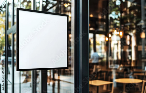 Photo of a blank white sign on the glass door of an outdoor cafe, a mockup template for design, print, and web use.  photo