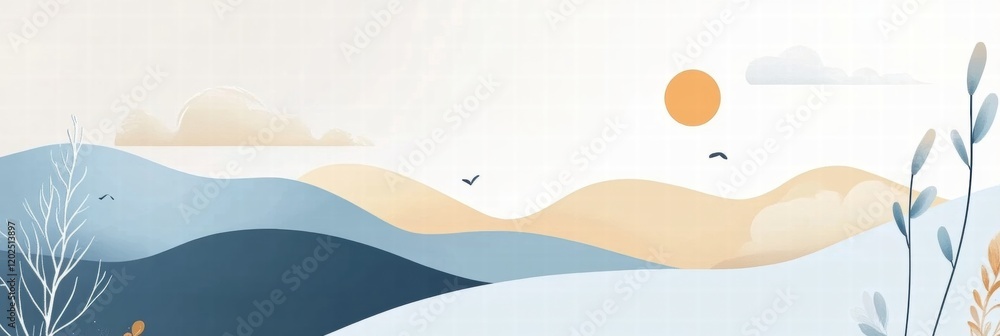 Creative planner layout featuring abstract nature elements with sun, clouds, and mountains for daily organization. Generative AI Creative planner layout featuring abstract nature elements with sun, clouds, and mountains for daily organization. Generative AI