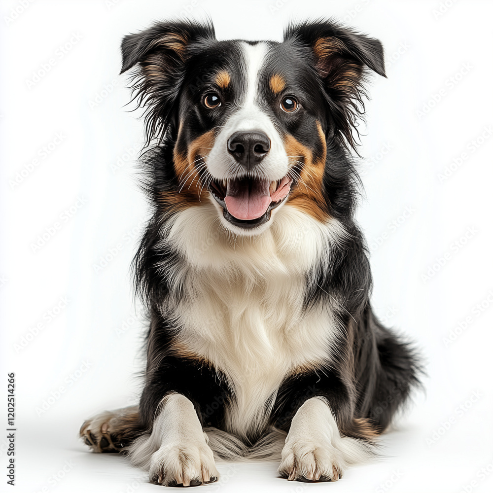 Photo of a sitting Border Collie dog on a white background looking happily at the camera Photo of a sitting Border Collie dog on a white background looking happily at the camera