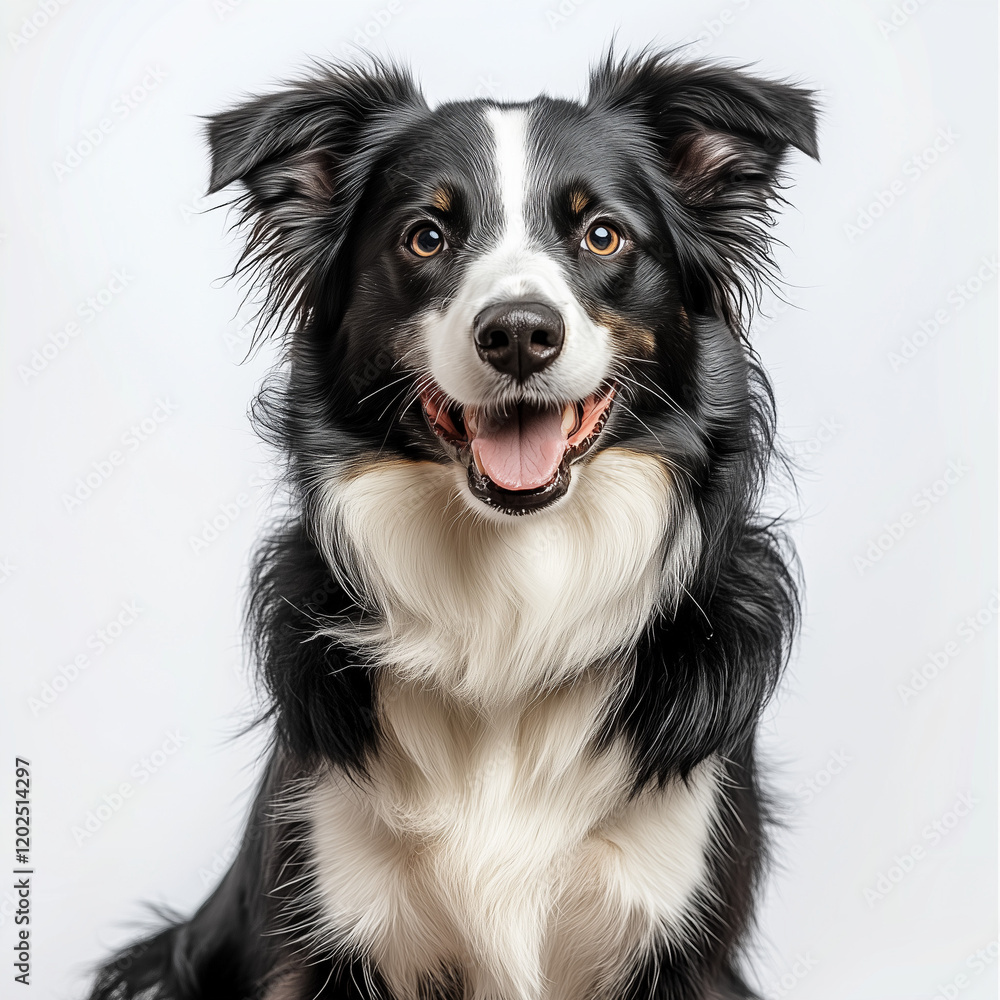 Photo of a sitting Border Collie dog on a white background looking happily at the camera Photo of a sitting Border Collie dog on a white background looking happily at the camera
