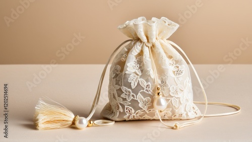 Elegant lace bonbonniere pouch with pearl and tassel details, perfect for weddings.