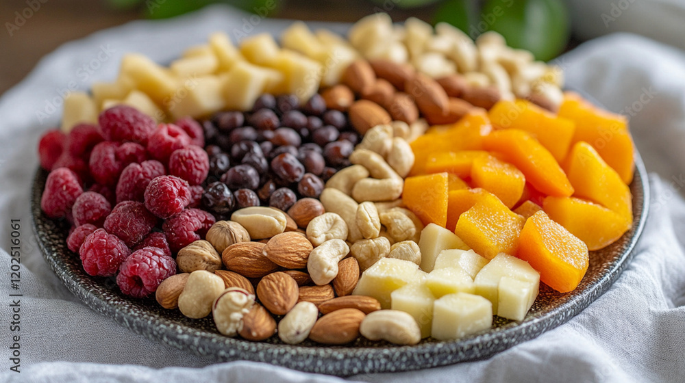Delicious & Healthy Snack: Dried Fruits & Nuts on Rustic Linen. Perfect for blogs, websites, and Delicious & Healthy Snack: Dried Fruits & Nuts on Rustic Linen. Perfect for blogs, websites, and