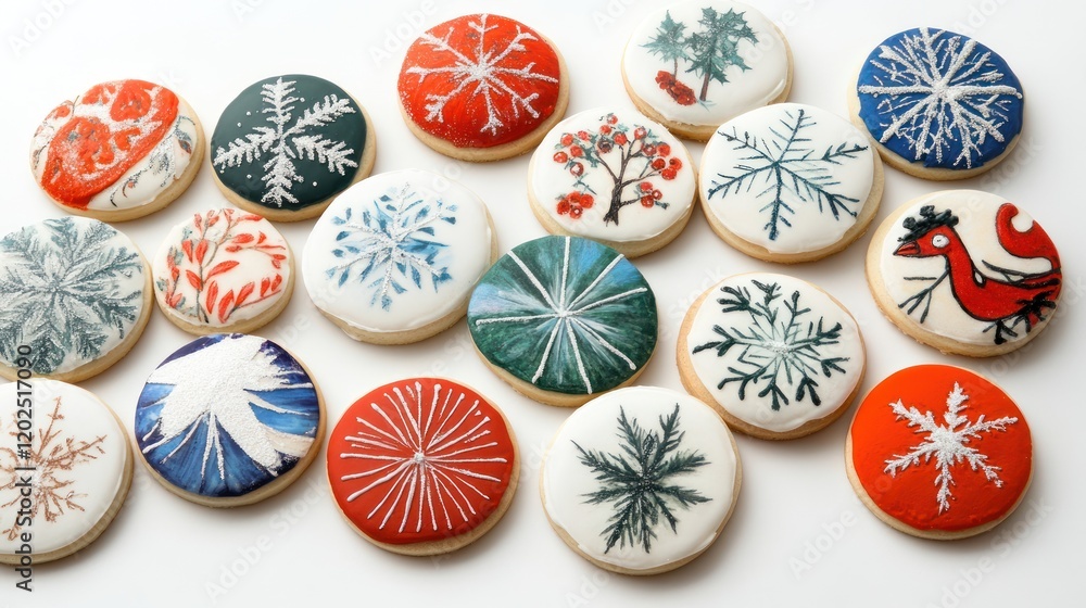 Hand-painted sugar cookies designed as tree ornaments, featuring snowflakes and holiday characters Hand-painted sugar cookies designed as tree ornaments, featuring snowflakes and holiday characters