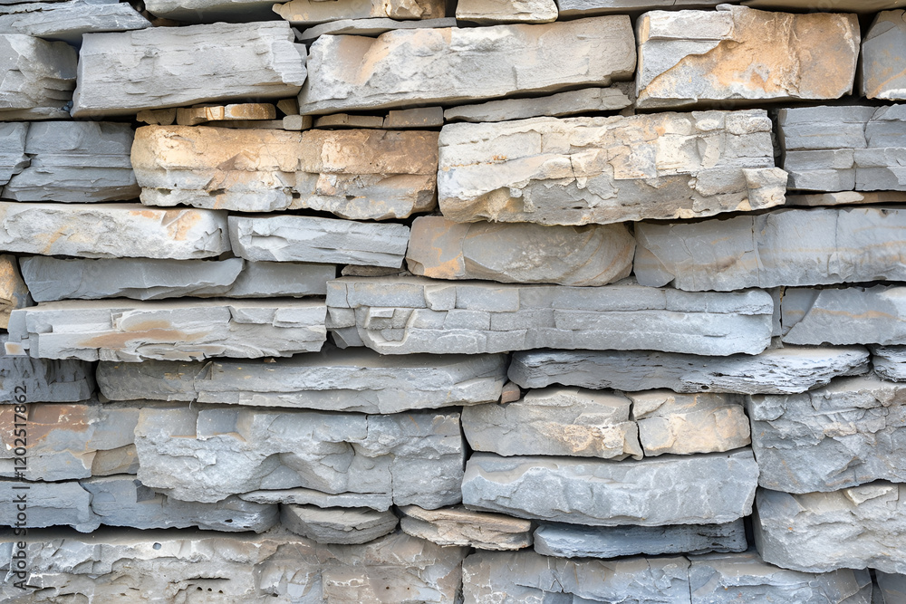 Stacked stone wall, rugged, textured surface, natural gray hues, architectural element, copy space Stacked stone wall, rugged, textured surface, natural gray hues, architectural element, copy space