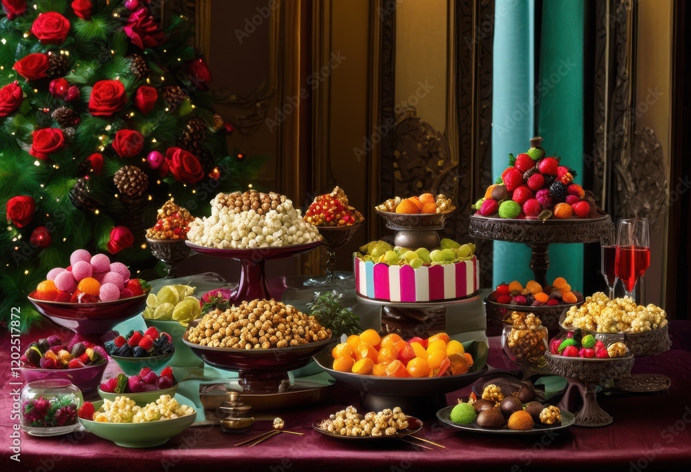 Fototapeta premium vivid collection snack assortments showcased rich colorful setting bright hues engaging arrangements, appetizer, platter, bowl, candy, chips, cake