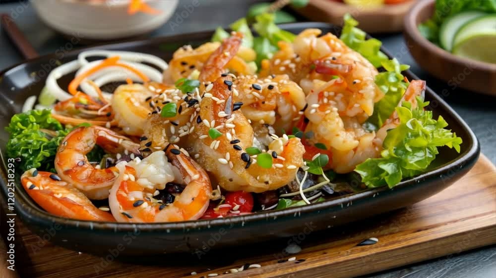 Colorful shrimp salad bowl with fresh vegetables, sesame seeds, and greens for vibrant, healthy meal option packed with flavor. Colorful shrimp salad bowl with fresh vegetables, sesame seeds, and greens for vibrant, healthy meal option packed with flavor.