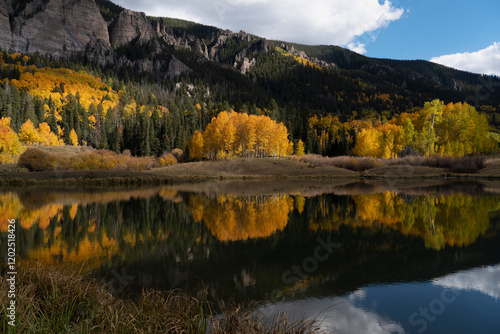 USA, Colorado, Uncompahgre National Forest. Mountain and forest reflected in ...